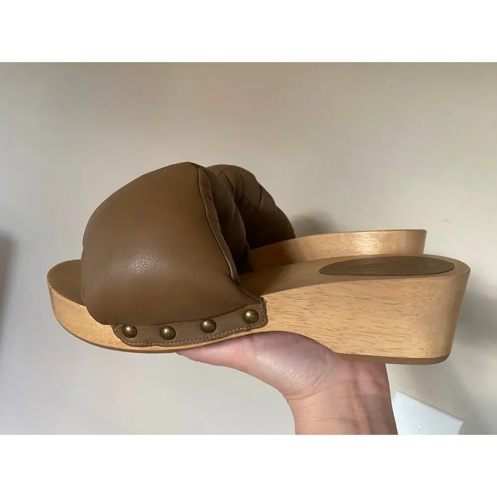 The Room Womens 9-9.5 ? Studded Wooden Brown Leather Pillow Sandals
